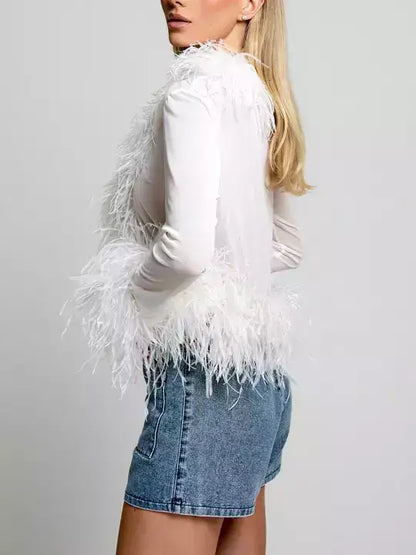 Sheer Feather-Trim Mesh Top - Tops