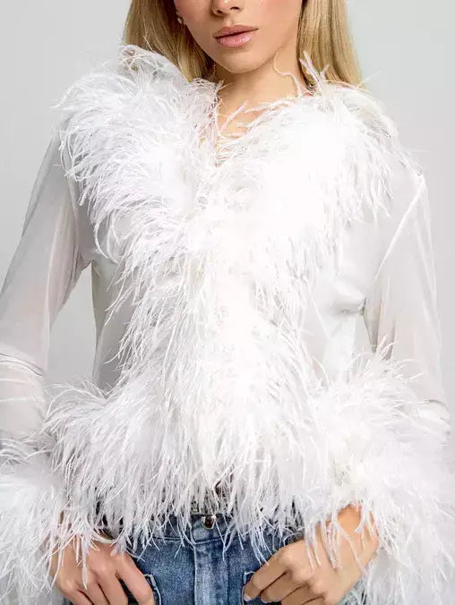 Sheer Feather-Trim Mesh Top - Tops