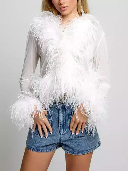Sheer Feather-Trim Mesh Top - Small / White - Tops