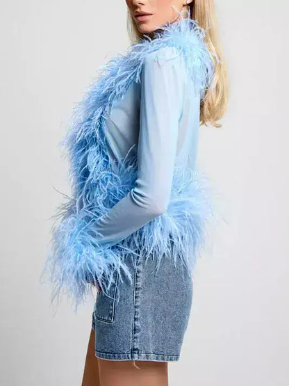 Sheer Feather-Trim Mesh Top - Tops