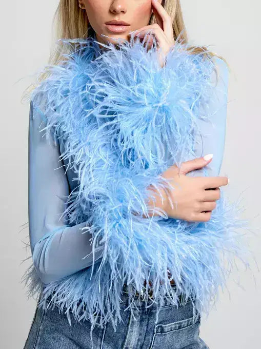 Sheer Feather-Trim Mesh Top - Tops