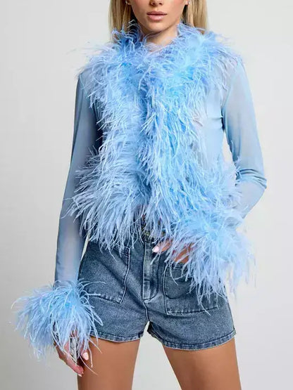 Sheer Feather-Trim Mesh Top - Small / Light Blue - Tops