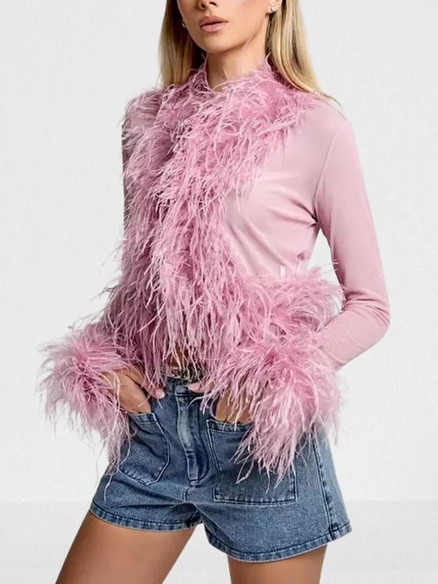 Sheer Feather-Trim Mesh Top - Tops