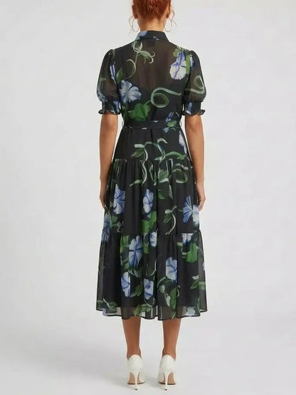 Sheer Floral Print Belted Midi Shirt Dress - Dresses