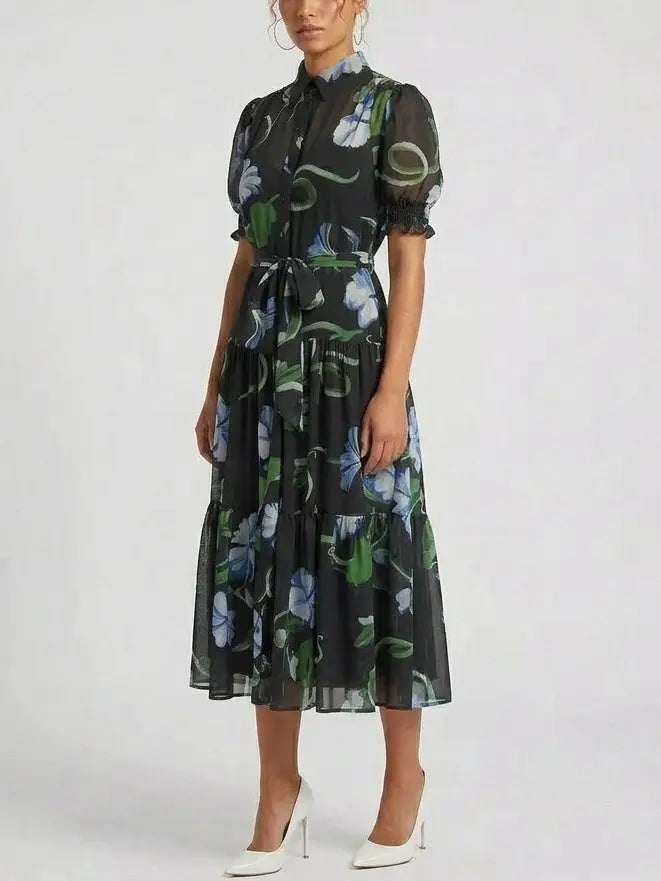 Sheer Floral Print Belted Midi Shirt Dress - Dresses