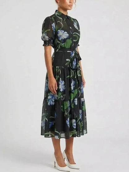 Sheer Floral Print Belted Midi Shirt Dress - Dresses