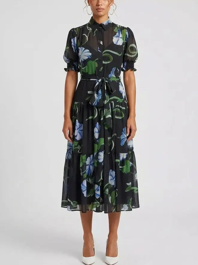 Sheer Floral Print Belted Midi Shirt Dress - Dresses