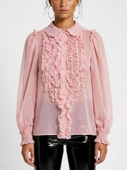 Sheer Silk Ruffle Front Blouse - Tops