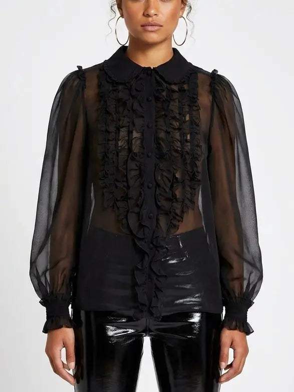 Sheer Silk Ruffle Front Blouse - Tops