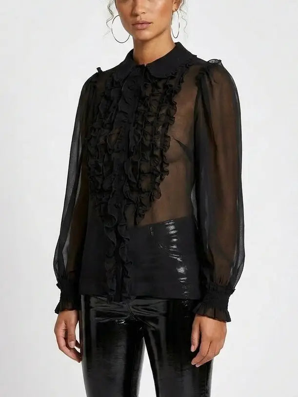 Sheer Silk Ruffle Front Blouse - Tops