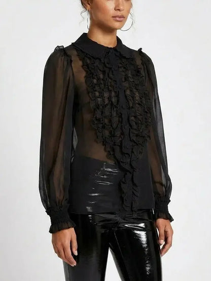 Sheer Silk Ruffle Front Blouse - Tops