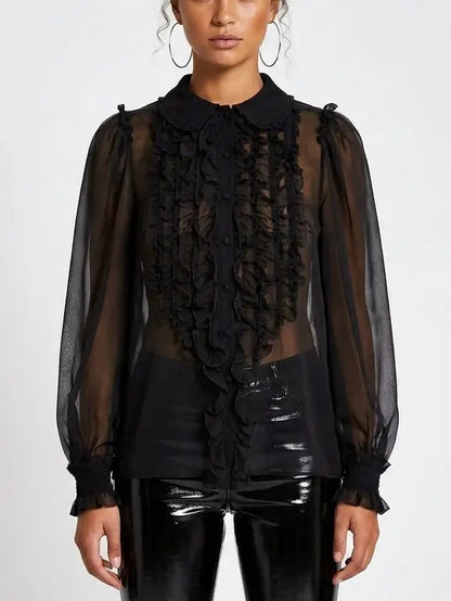 Sheer Silk Ruffle Front Blouse - Tops