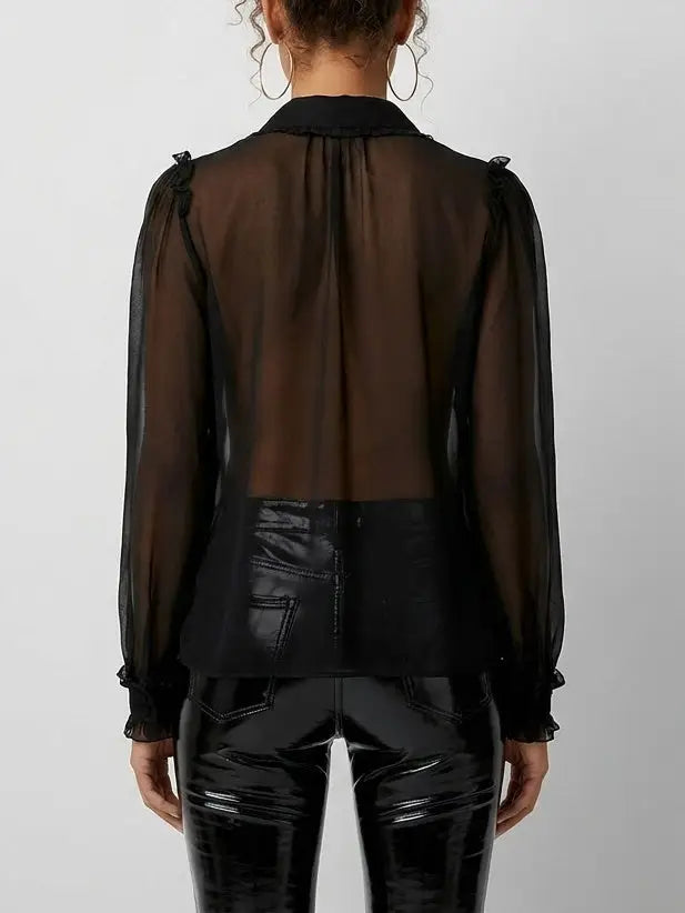 Sheer Silk Ruffle Front Blouse - Tops