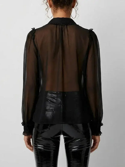 Sheer Silk Ruffle Front Blouse - Tops