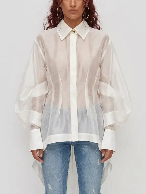 Sheer White High-Low Long Sleeve Shirt - Tops