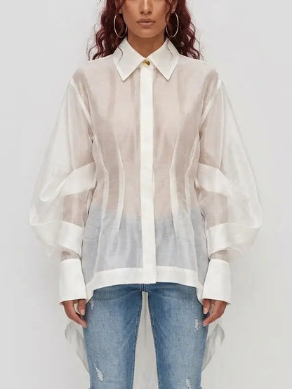 Sheer White High-Low Long Sleeve Shirt - Tops