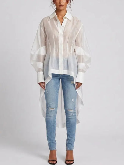 Sheer White High-Low Long Sleeve Shirt - Tops