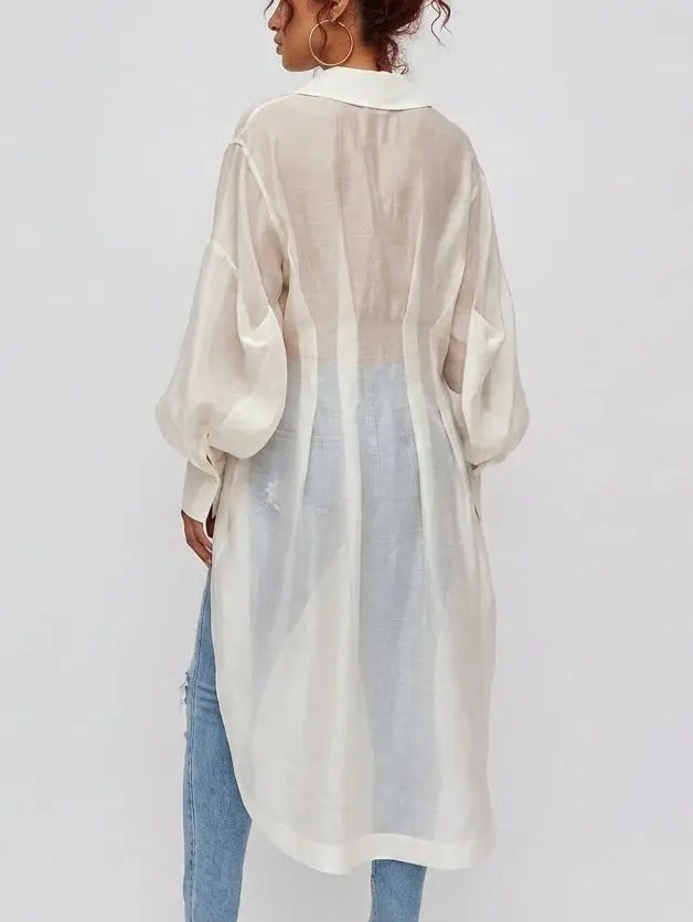 Sheer White High-Low Long Sleeve Shirt - Tops