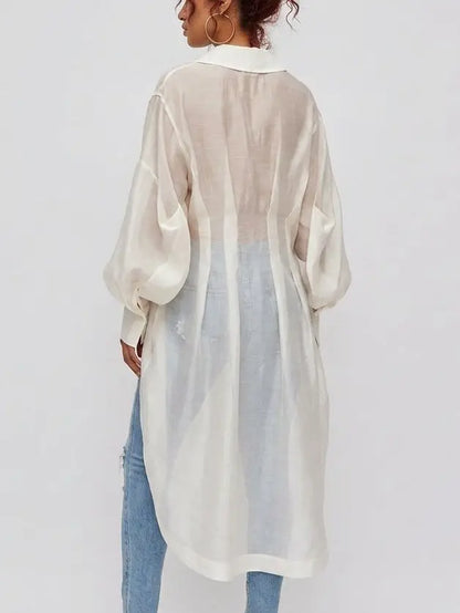 Sheer White High-Low Long Sleeve Shirt - Tops