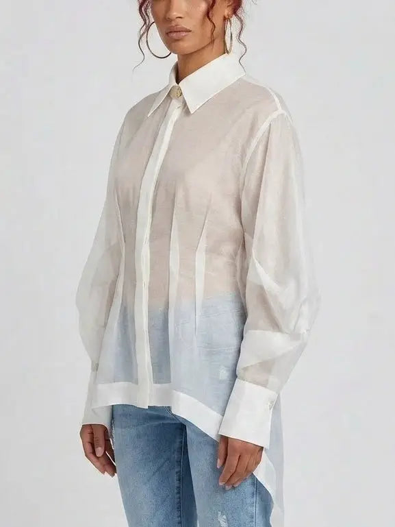 Sheer White High-Low Long Sleeve Shirt - Tops
