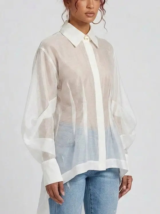 Sheer White High-Low Long Sleeve Shirt - Tops