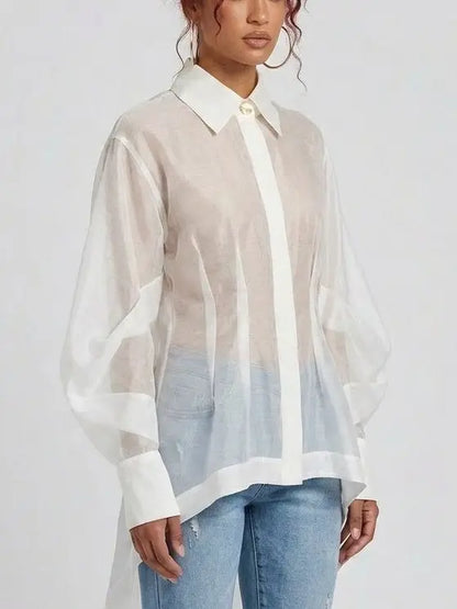 Sheer White High-Low Long Sleeve Shirt - Tops