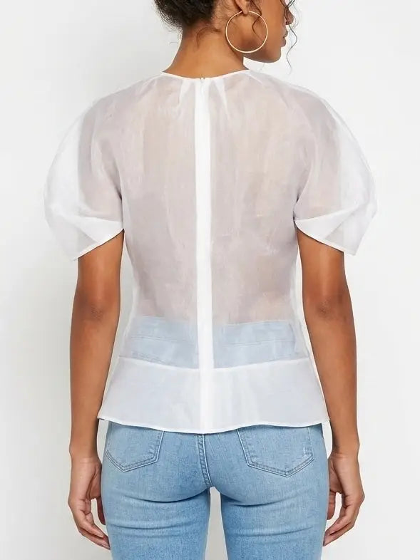Sheer White Short Sleeve Peplum Top - Tops