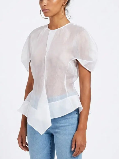 Sheer White Short Sleeve Peplum Top - Tops