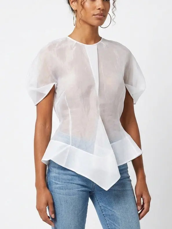 Sheer White Short Sleeve Peplum Top - Tops