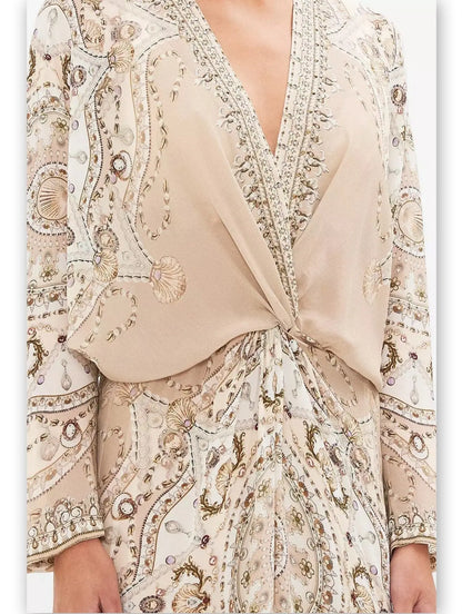 Shell and Pearl Printed Twist Front Silk Batwing Dress - Branna Couture