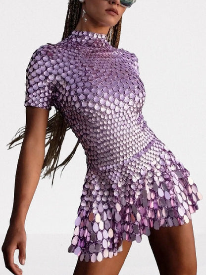 Shell Paillette Sequin-Embellished A-Line Mini Dress - S / Light Purple - Dresses