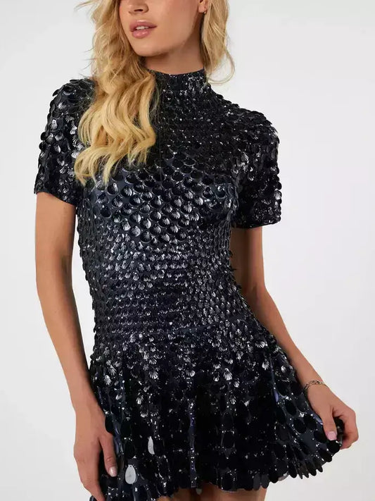 Shell Sequin Paillette Flared Mini Dress - S / Black - Dresses