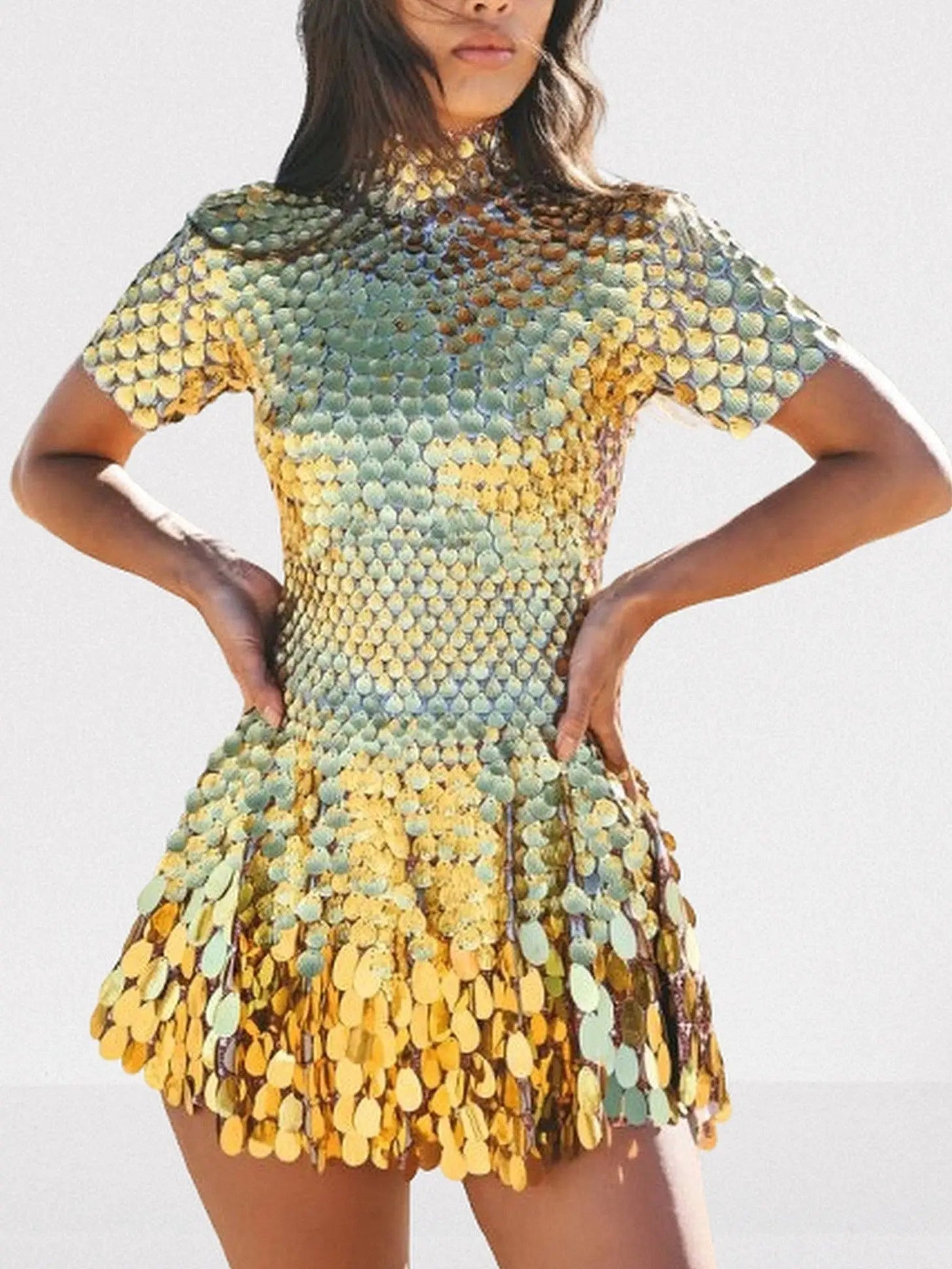 Shell Paillette-Embellished Skater Mini Dress - S / Gold - Dresses