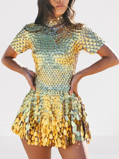 Shell Paillette-Embellished Skater Mini Dress - S / Gold - Dresses