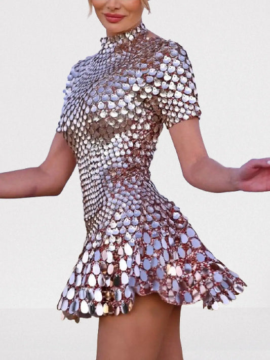 Shell Paillette-Embellished Skater Mini Dress - S / Rose gold - Dresses