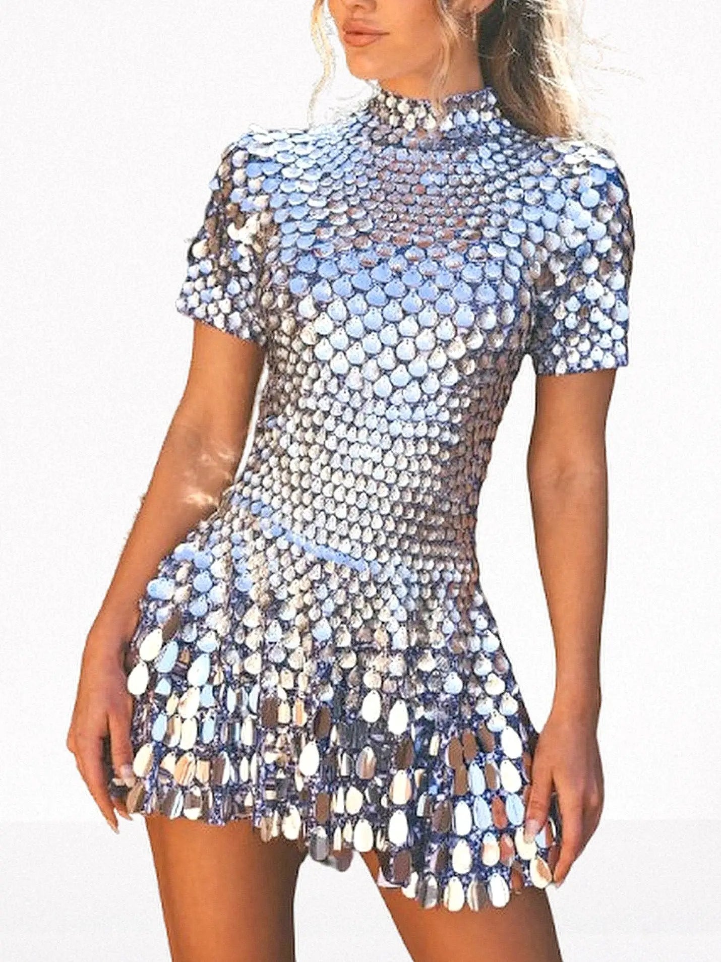 Shell Paillette Sequin-Embellished A-Line Mini Dress - S / Silver - Dresses