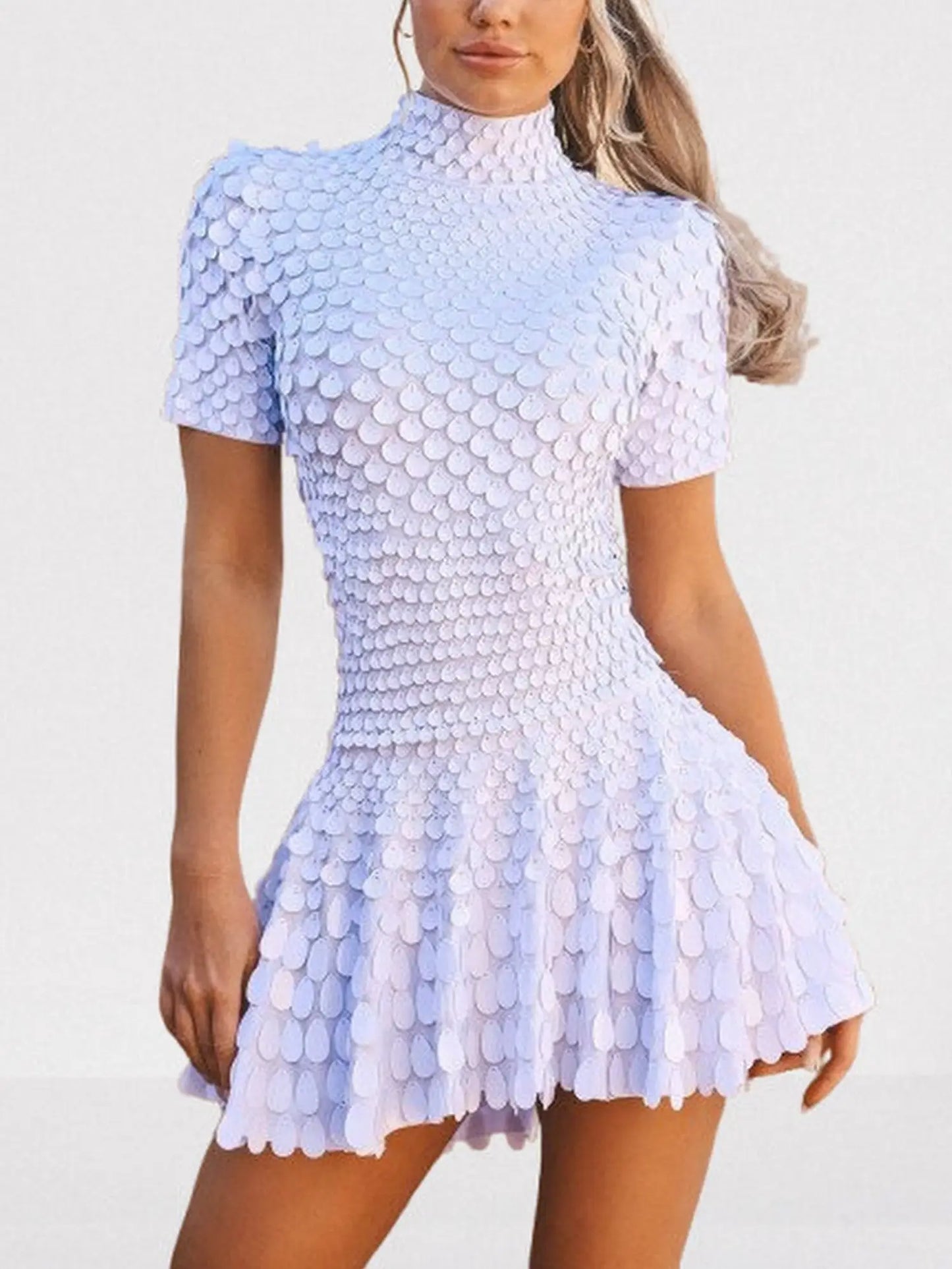 Shell Sequin Paillette Flared Mini Dress - S / White - Dresses
