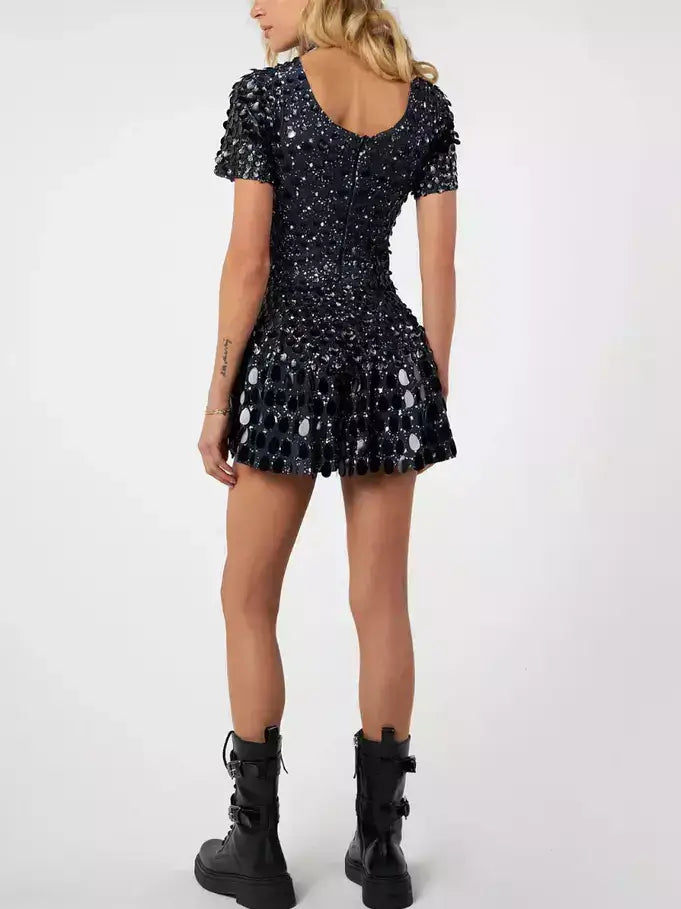 Shell Sequin Paillette Flared Mini Dress - Dresses