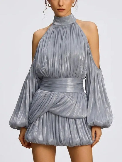 Shimmer Pleated Halter Bubble Mini Dress - Small - Dresses