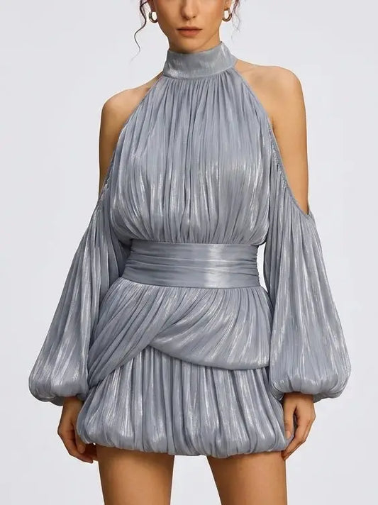 Shimmer Pleated Halter Bubble Mini Dress - Small - Dresses