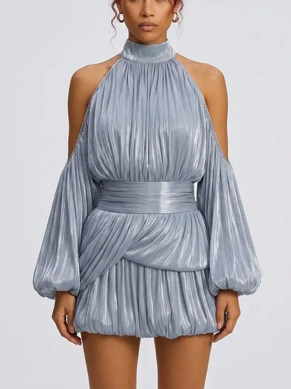 Shimmer Pleated Halter Bubble Mini Dress - Dresses