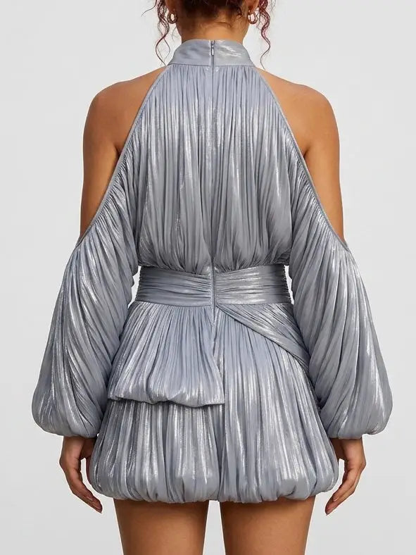 Shimmer Pleated Halter Bubble Mini Dress - Dresses