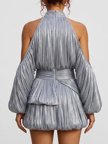 Shimmer Pleated Halter Bubble Mini Dress - Dresses