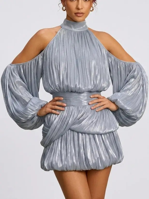 Shimmer Pleated Halter Bubble Mini Dress - Dresses