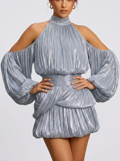 Shimmer Pleated Halter Bubble Mini Dress - Dresses