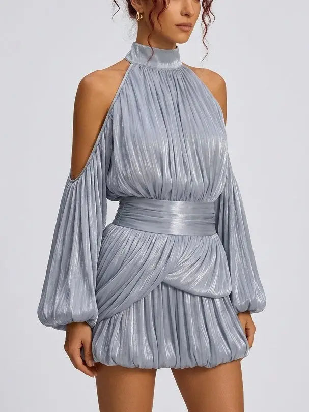 Shimmer Pleated Halter Bubble Mini Dress - Dresses