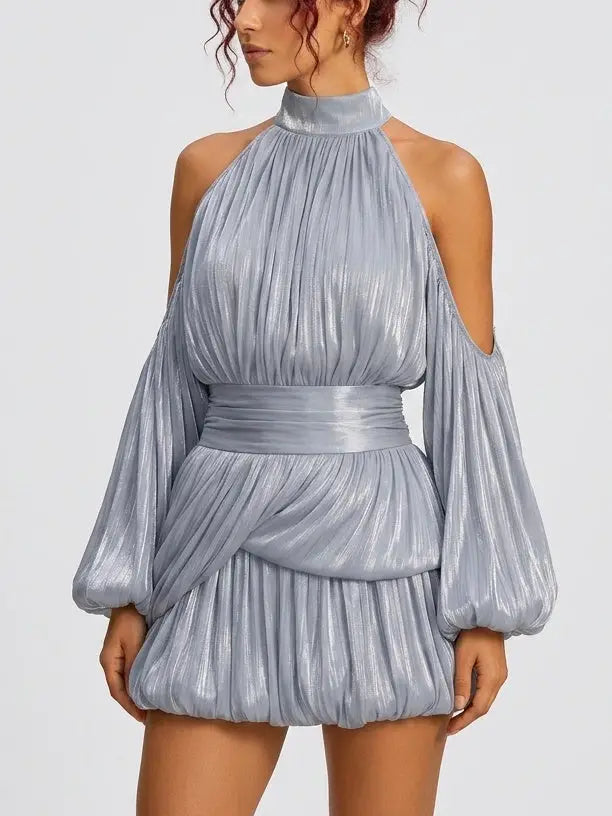 Shimmer Pleated Halter Bubble Mini Dress - Dresses