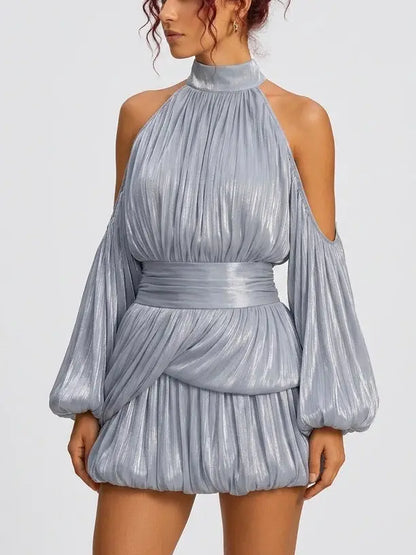 Shimmer Pleated Halter Bubble Mini Dress - Dresses