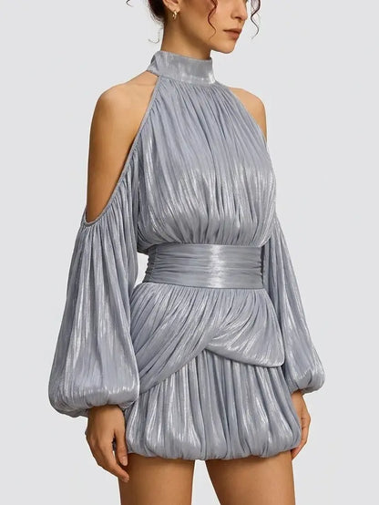 Shimmer Pleated Halter Bubble Mini Dress - Dresses