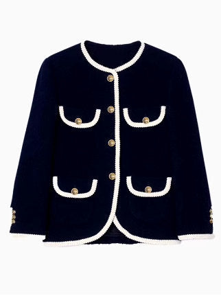 Decorative Flap-Pocket Tweed Jacket in Navy and White Branna Couture